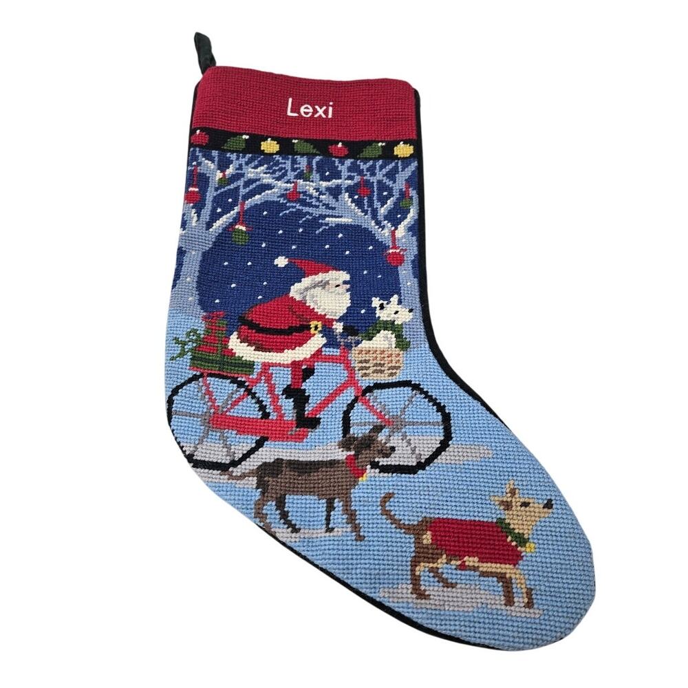 Lands End Lexi Santa Claus Bike Needlepoint Stocking Traditional Christmas